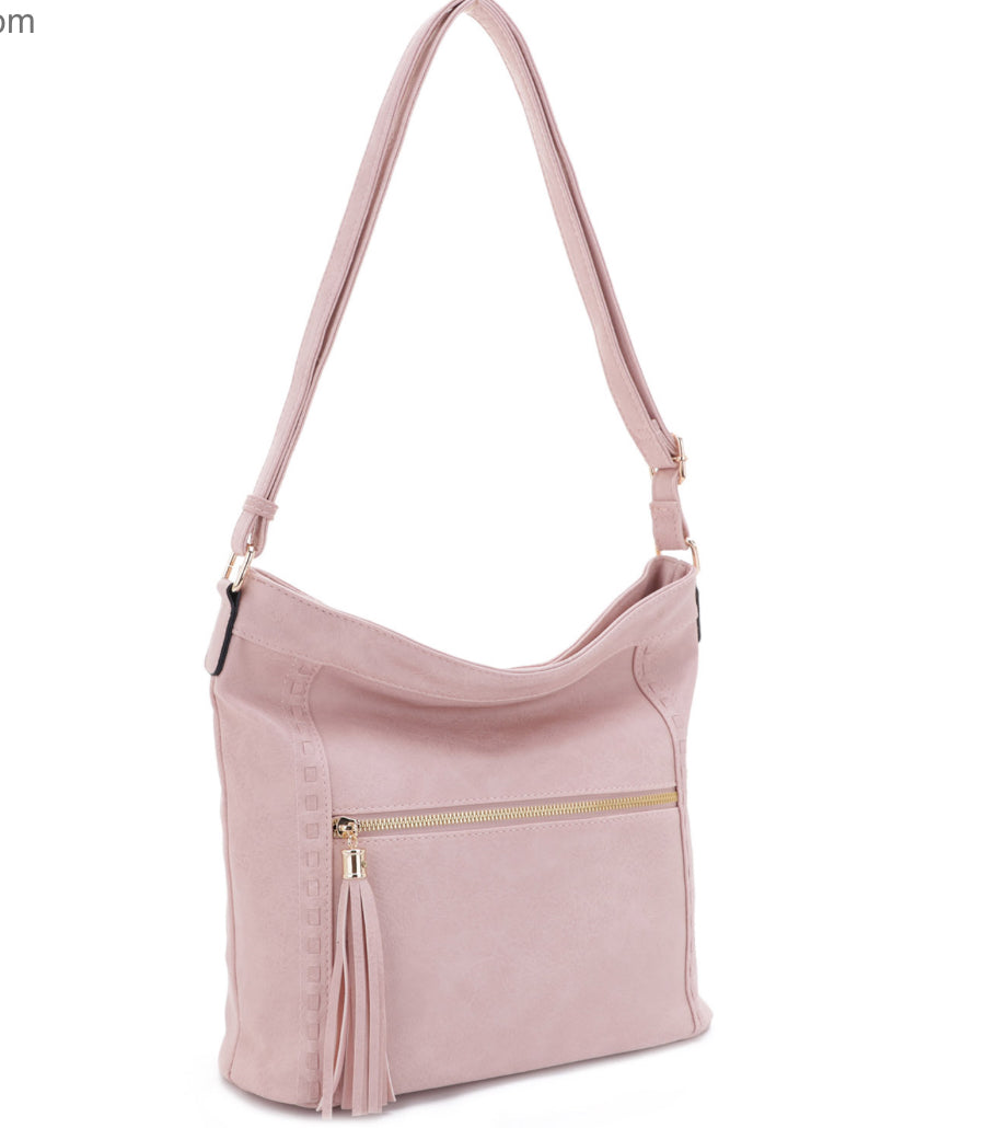 Blush whipstitch tassel zip large crossbody