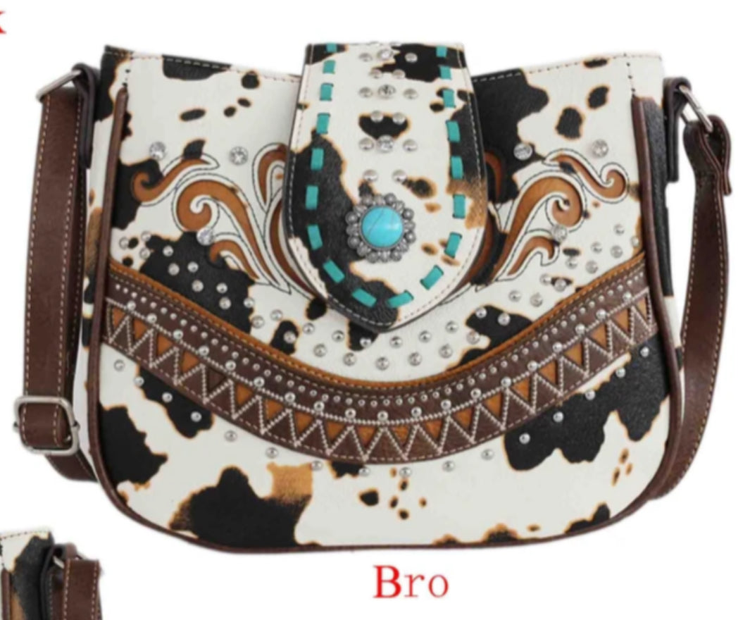 Brown cow print with flap crossbody purse