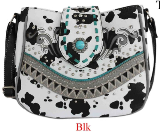 Black cow print with flap crossbody purse