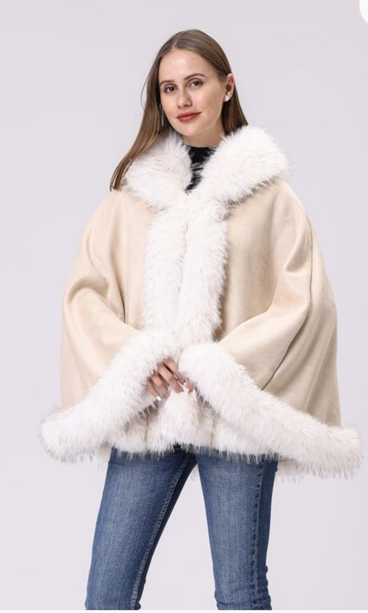 Cream Faux Fur Trimmed Cape CT250-80