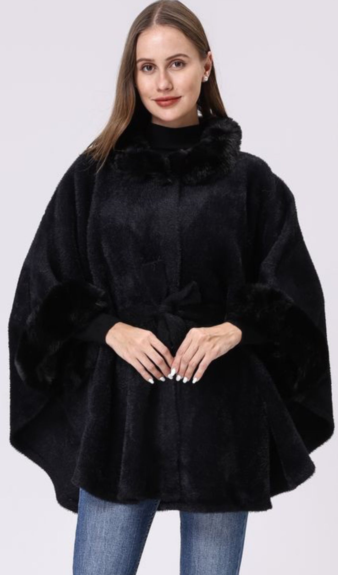 Black Faux Fur Belted cape CT280-78