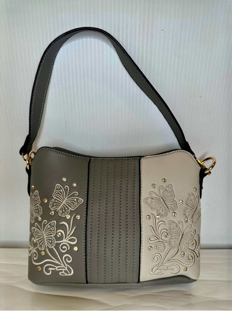 Grey Butterfly Embroidered Purse