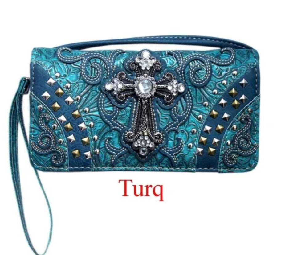 Turquoise bling cross western wallet