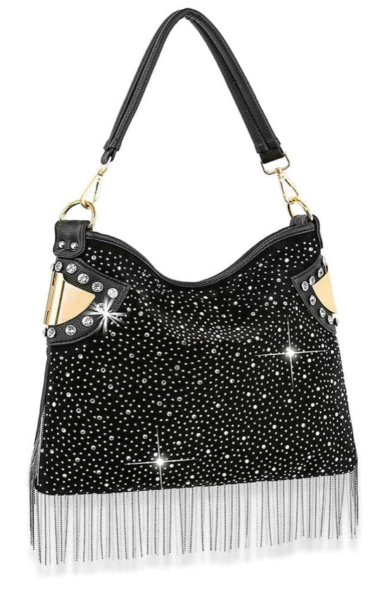 Rhinestone And Beaded Fringe Hobo Handbag