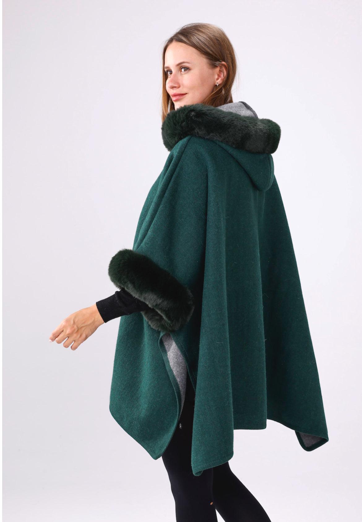 Dark Green hooded faux fur cape with armholes