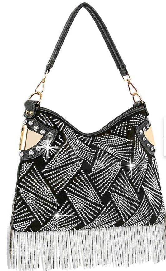 Rhinestone And Beaded Fringe Patterned Hobo Handbag