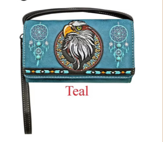 Teal eagle wallet with wristlet and crossbody strap