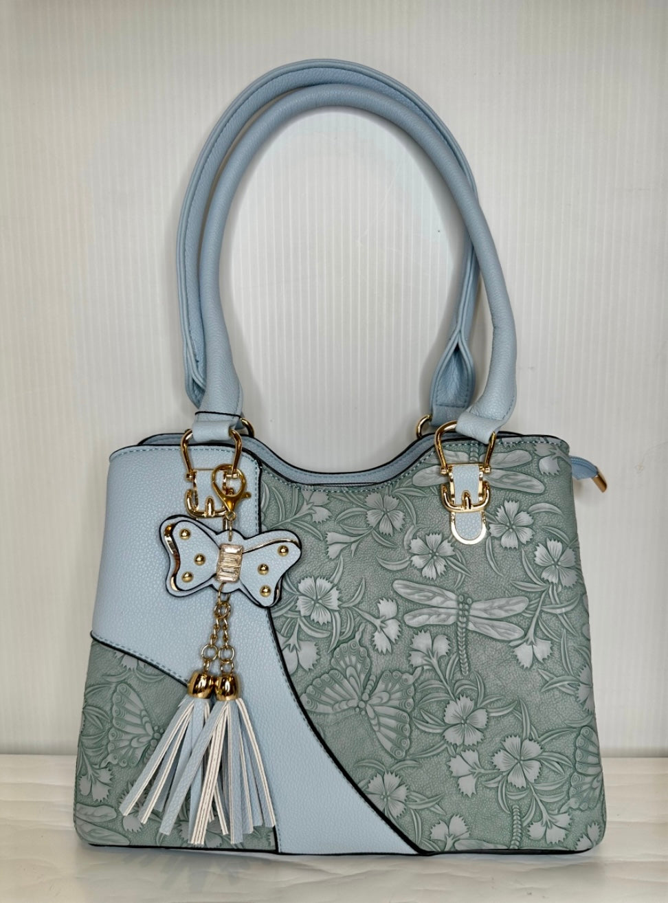 Blue Tote Purse with Butterfly and dragonfly design