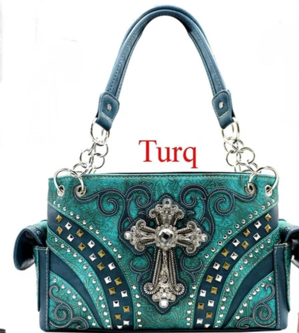 Turquoise bling cross western purse