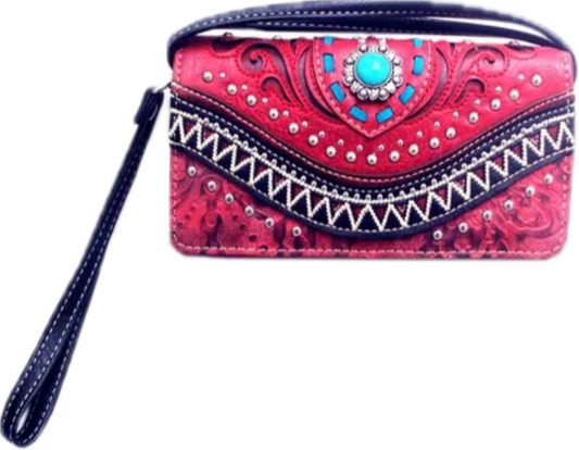 Red western stone flap wallet