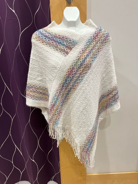 White Poncho with Colourful Trim F11369