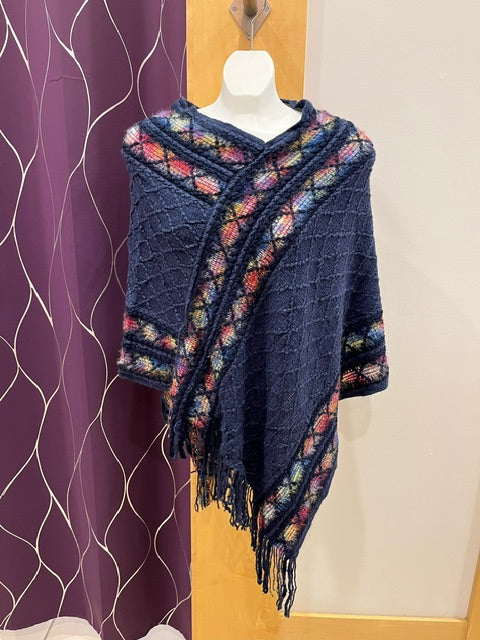 Navy Poncho with Colourful Trim F11392