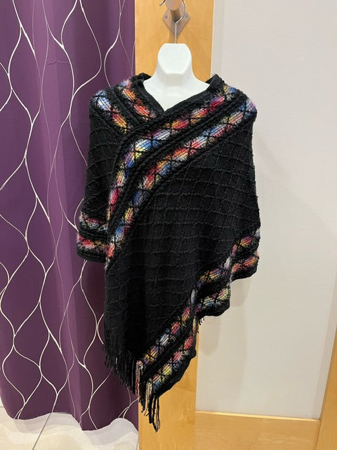 Black Poncho with Colourful Trim F11394