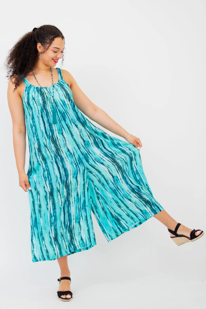 Joanna Jumpsuit, Teal Tie Dye, Linen Bamboo