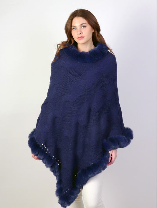 Navy knit poncho with faux fur trim CP128603