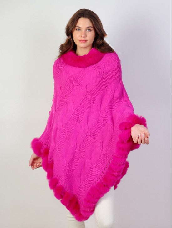 Fuchsia knit poncho with faux fur trim CP128605