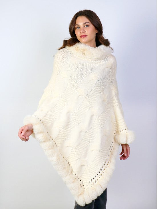 Cream knit poncho with faux fur trim CP128604