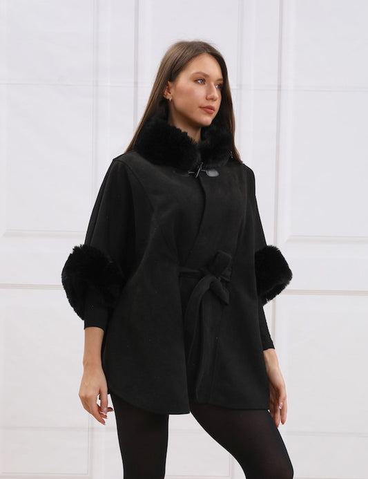 Black belted cape with faux fur