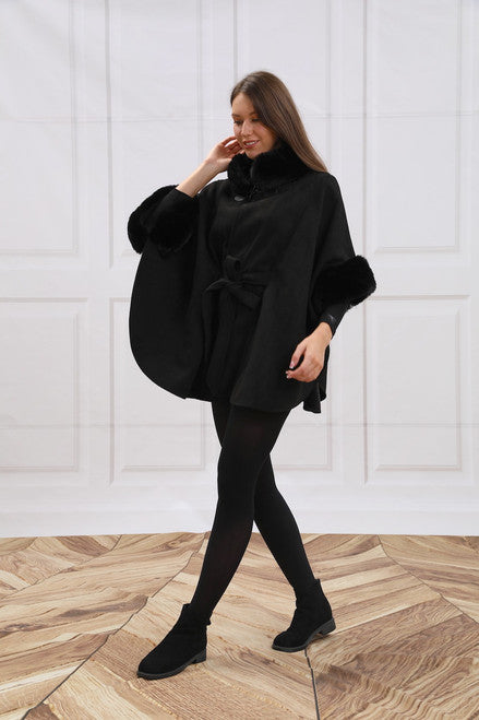 Black belted cape with faux fur