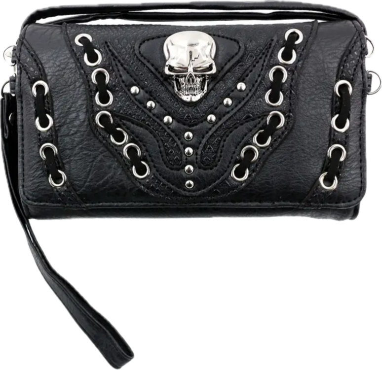 Skull stitched wallet with crossbody strap