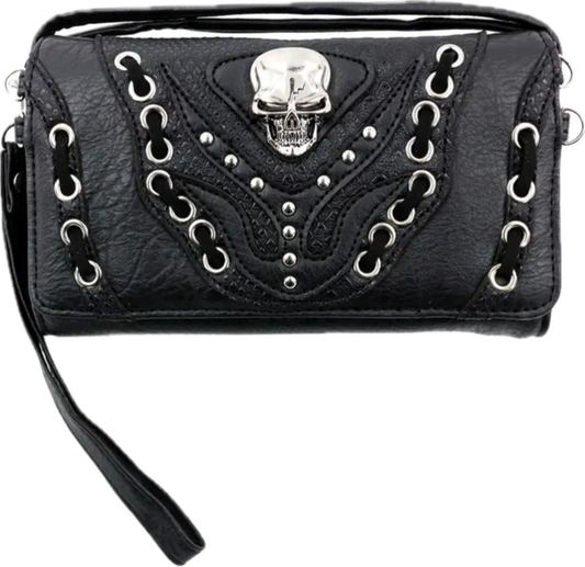 Skull stitched wallet with crossbody strap
