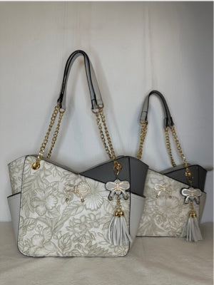 Light grey larger floral tote with gold bow