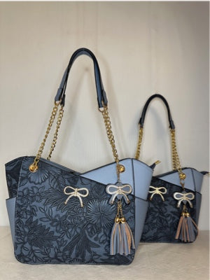 Blue smaller floral tote with gold bow