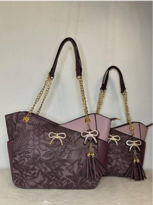 Purple smaller floral tote with gold bow