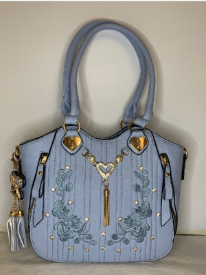 Light blue floral purse with heart jewel front larger size