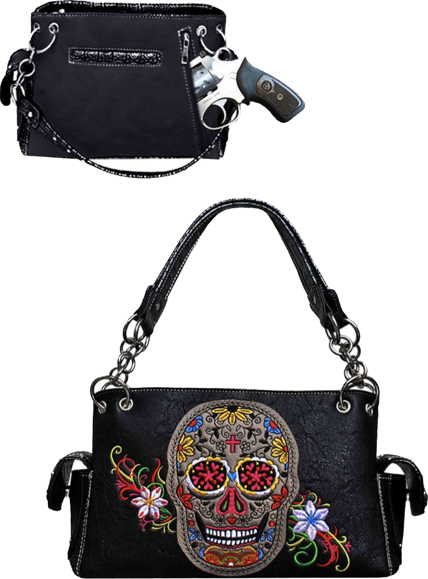 Sugar skull with rose eyes and flowers purse