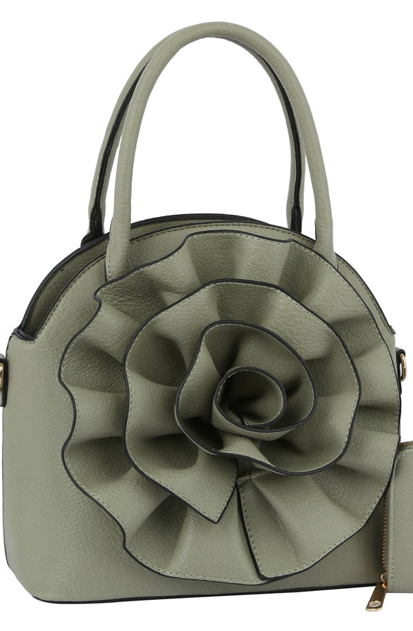 Sage green tote with 3D flower and crossbody strap