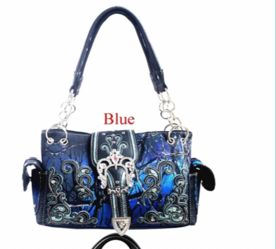 Blue camo print western purse with buckle