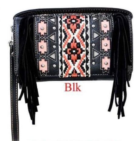 Black with vertical fringe western wallet with crossbody strap