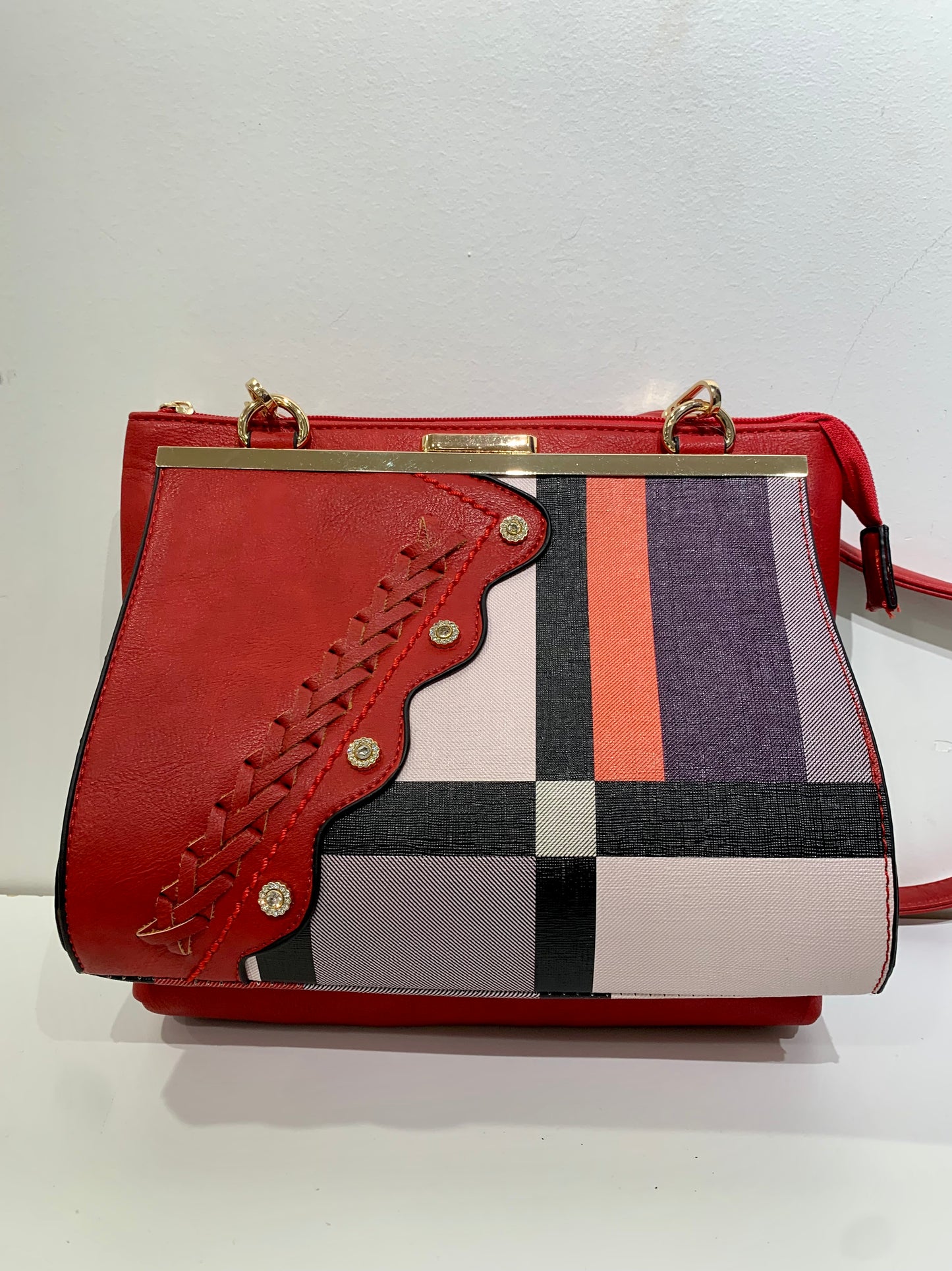 Red plaid bling messenger with clip front