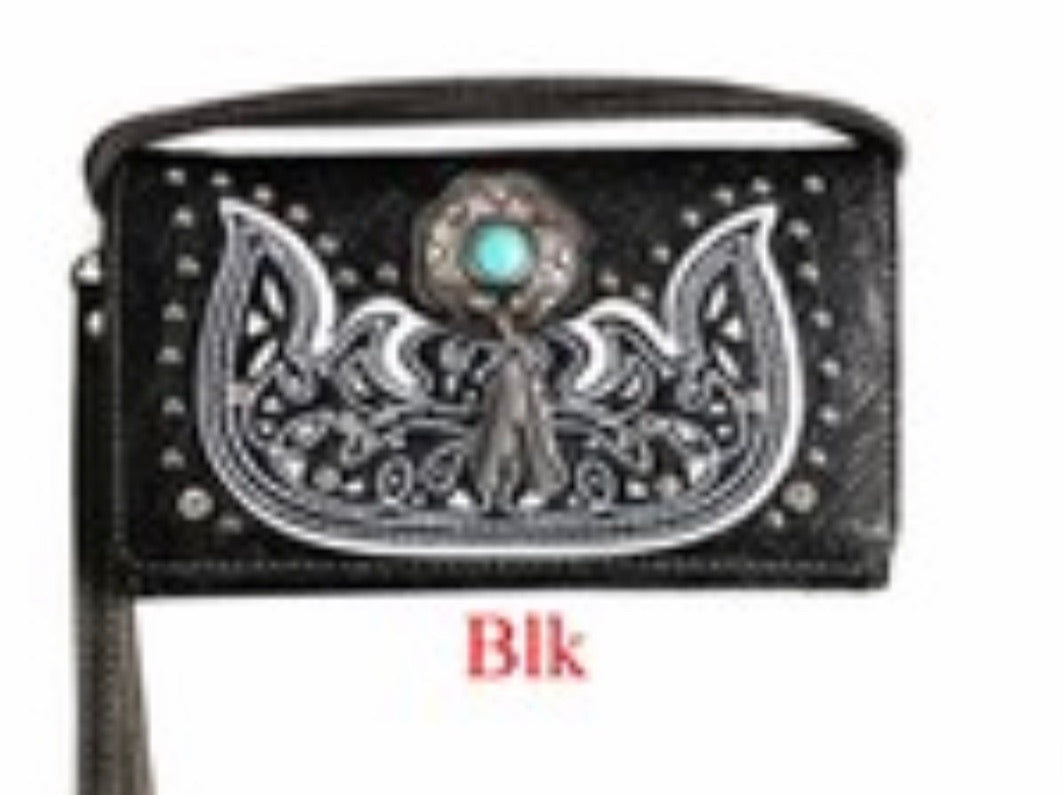 Black wallet with turquoise stone and metal feathers