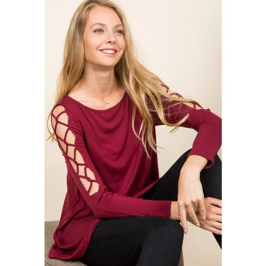 Burgundy long sleeve cross cross top EC3914