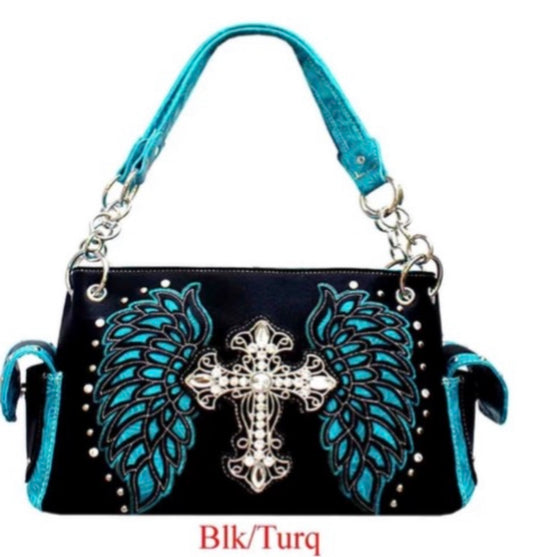 Black/turquoise cross with wings western