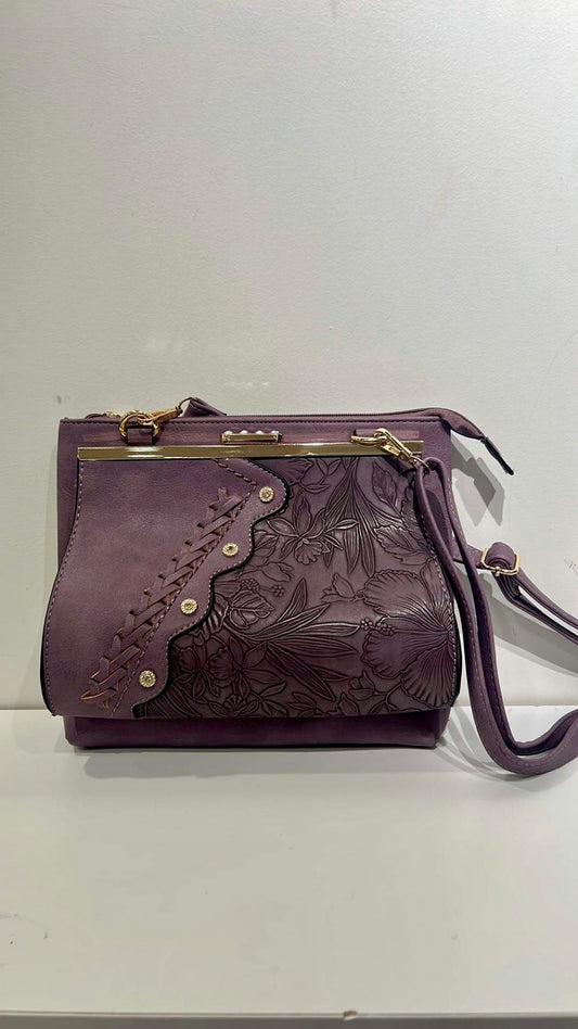 Purple floral bling clutch crossbody with clip front