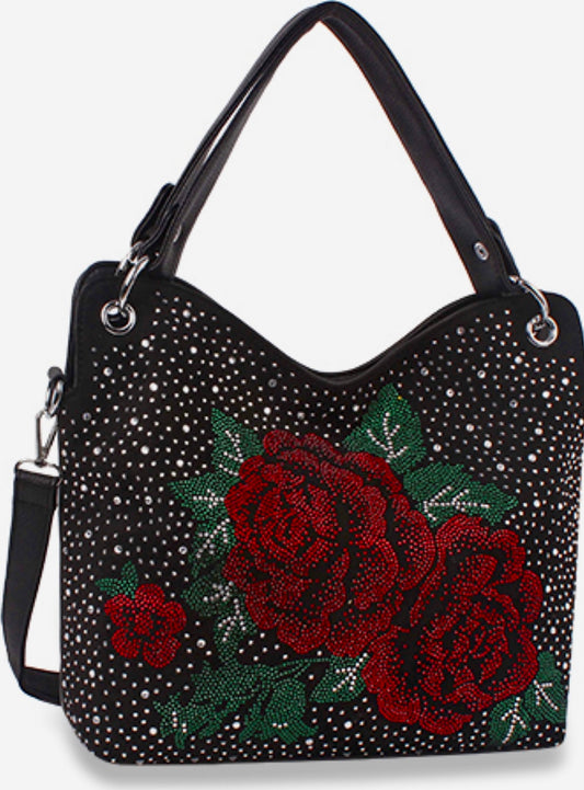 Black handbag with rose bling