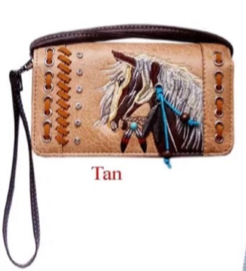 Tan horse wallet with crossbody strap