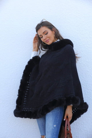 Black knit poncho with faux fur trim CP128603