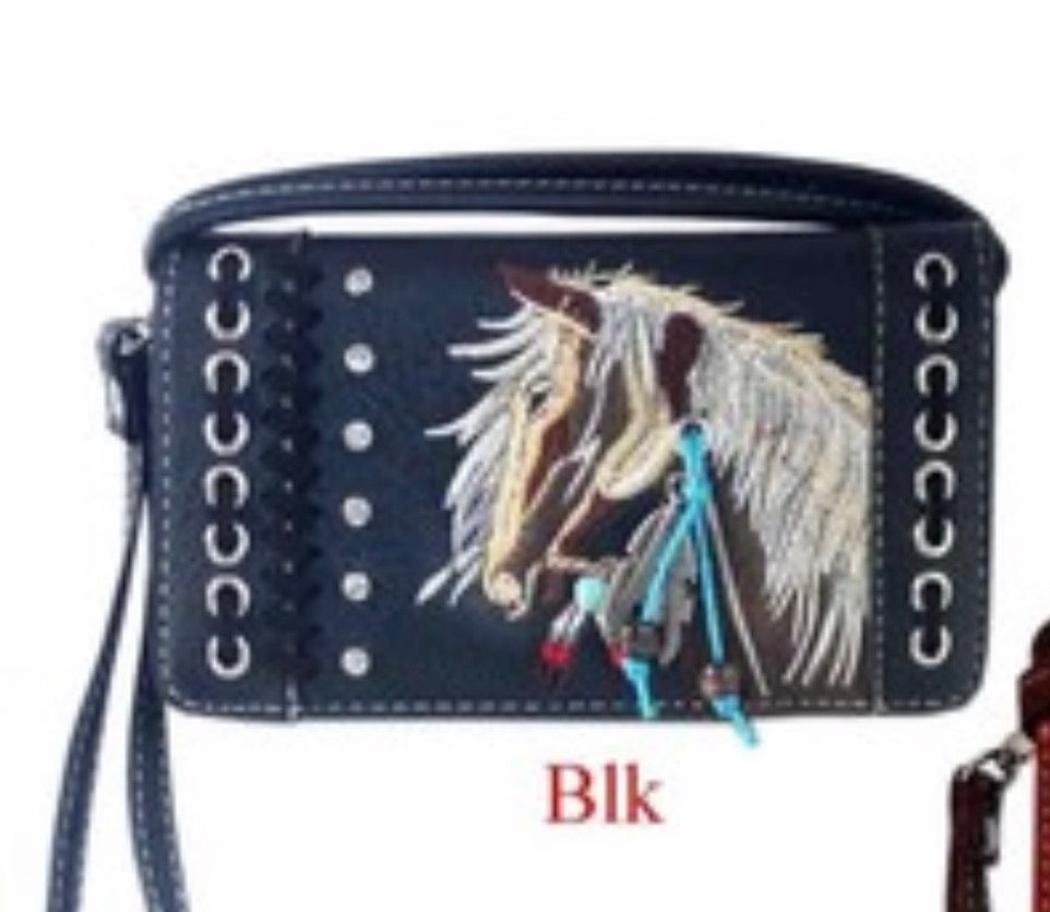 Black horse wallet with crossbody strap