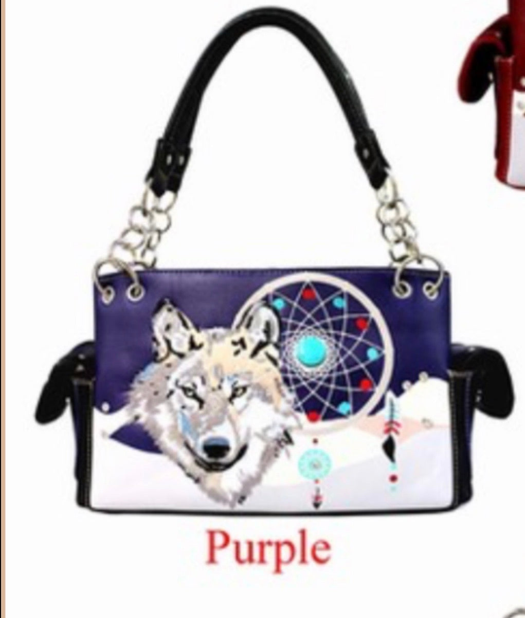Purple wolf dreamcatcher purse with chain