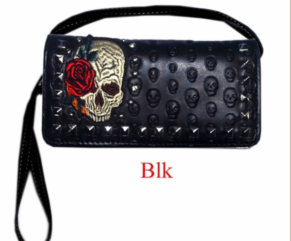 Skull with rose wallet comes with wristlet and long strap