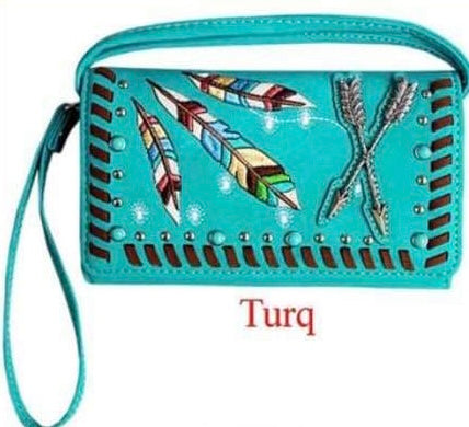 Turquoise Feathers and Arrows wallet with crossbody strap