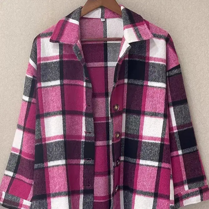 Plaid flannel jacket in rose red UN1238