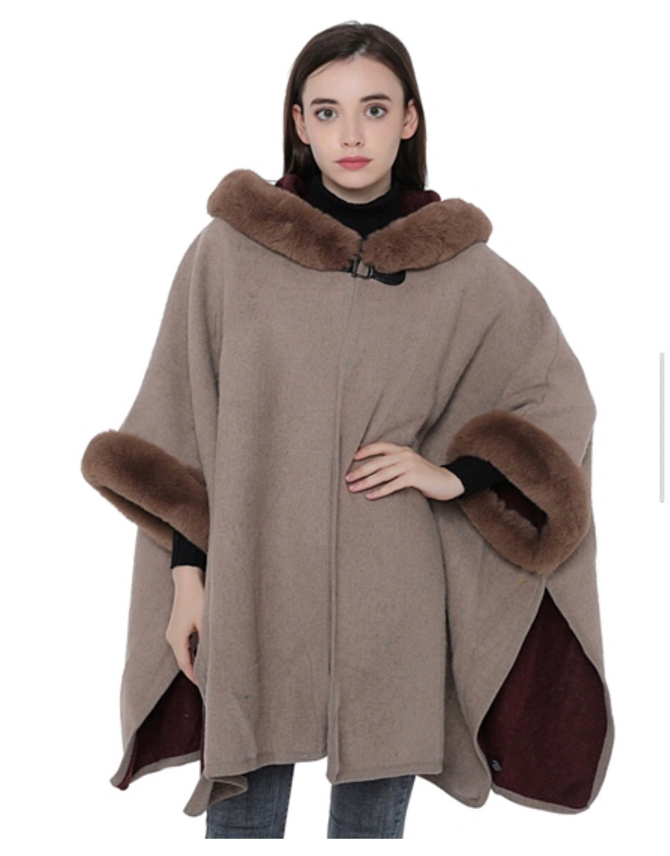 Brown hooded faux fur cape with armholes