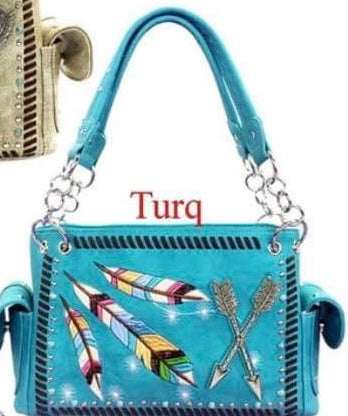 Turquoise Feathers and Arrows purse with chain
