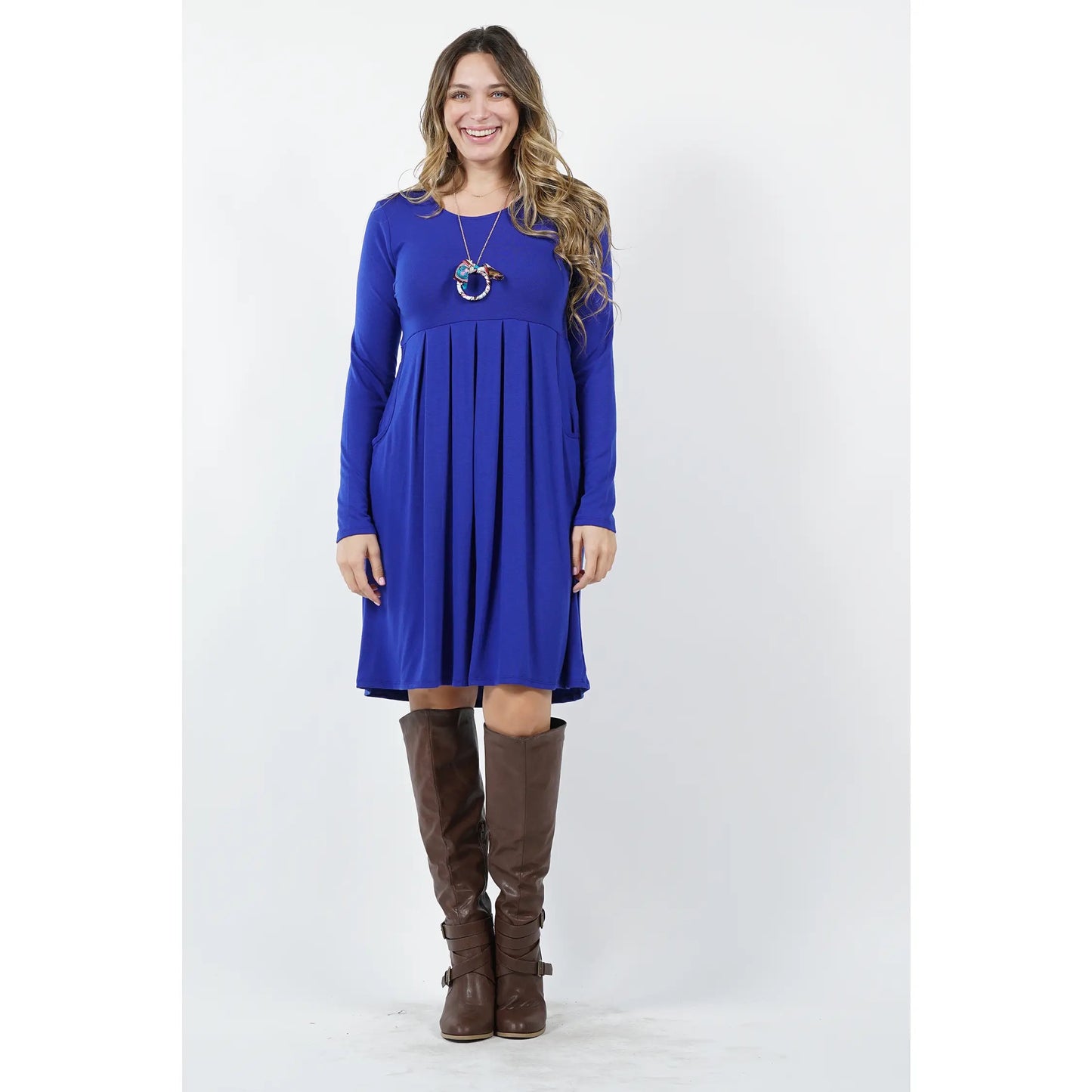 Blue pleated waist long sleeve dress