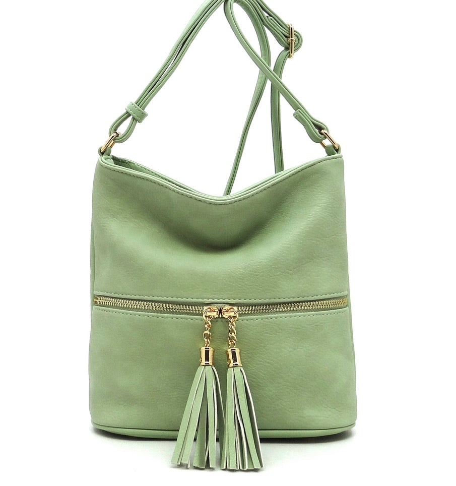 Green taller messenger with tassel zip front